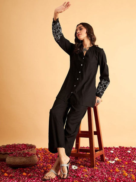 Women Floral Embroidered Shirt-Collar Shirt & Trousers Co-ords Set VitansEthnics