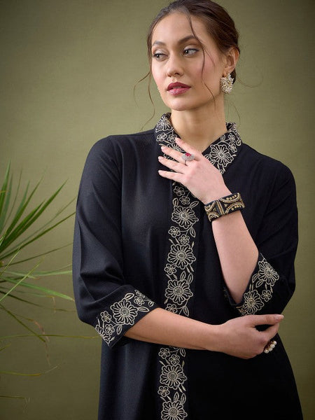 Women Black Embroidered Shirt With Palazzos Co-ords Set VitansEthnics