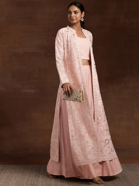 Women Indo Western Embroidered Crop Top with Palazzos & Long Shrug Ethnic Co-Ords Set VitansEthnics
