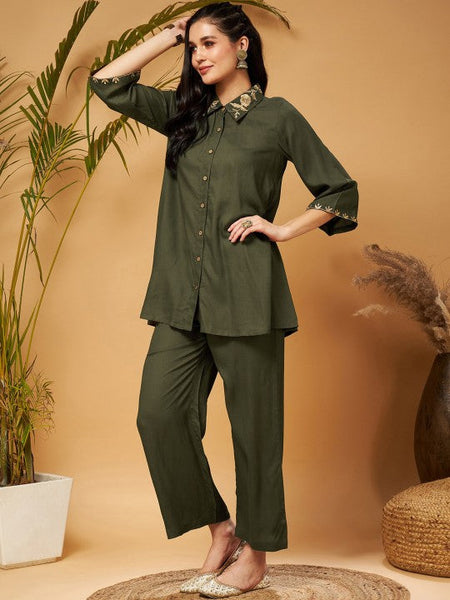 Women Zari Embroidered Shirt Collar Tunic Top With Palazzos Co-Ords Set VitansEthnics