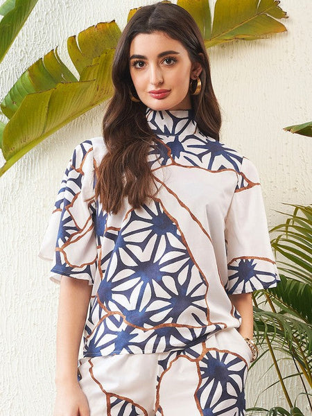 Women White Abstract Printed High Neck Top With Palazzos Co-ords Set VitansEthnics