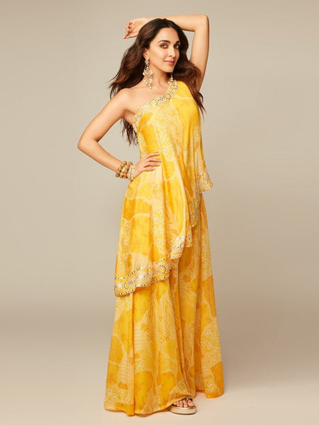 Women Indo Western Floral Printed High Low Tunic With Wide Leg Palazzos Co-Ords Set VitansEthnics