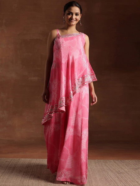 Women Indo Western Floral Printed One Shoulder Sleeveless Tunic & Palazzo With Slip Co-Ords Set VitansEthnics