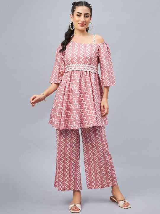 Women Indo Western Printed One-Shoulder Neck Pure Cotton Ethnic Co-Ords Set VitansEthnics