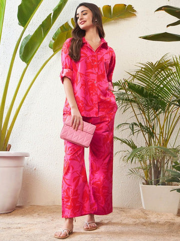 Women Magenta Floral Printed Pure Cotton Shirt With Trousers Co-ords Set VitansEthnics