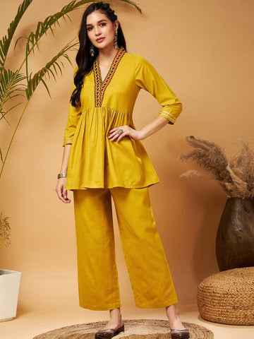 WomenMustard Yellow Empire Tunic With Trousers Co-Ord Set VitansEthnics