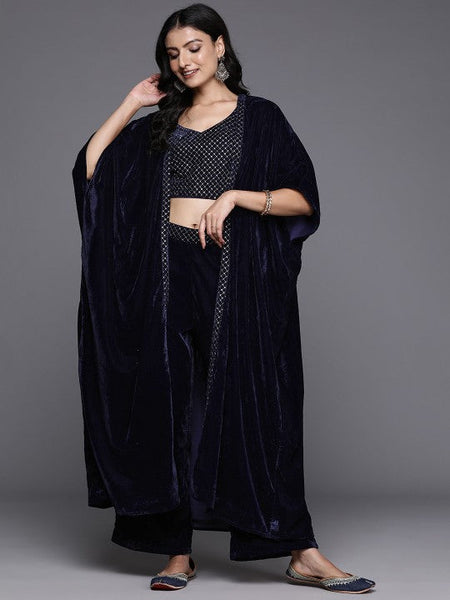 Women Indo Western Embroidered Velvet Crop Top with Palazzos & Shrug Co-Ords Set VitansEthnics