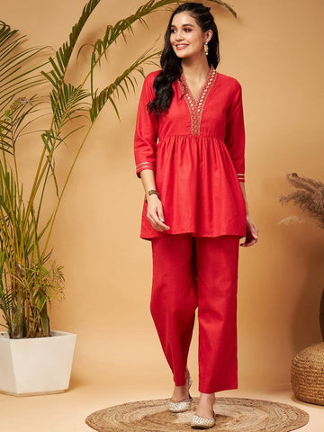 Women Red Embellished Gathered Tunic With Palazzos Co-Ord Set VitansEthnics