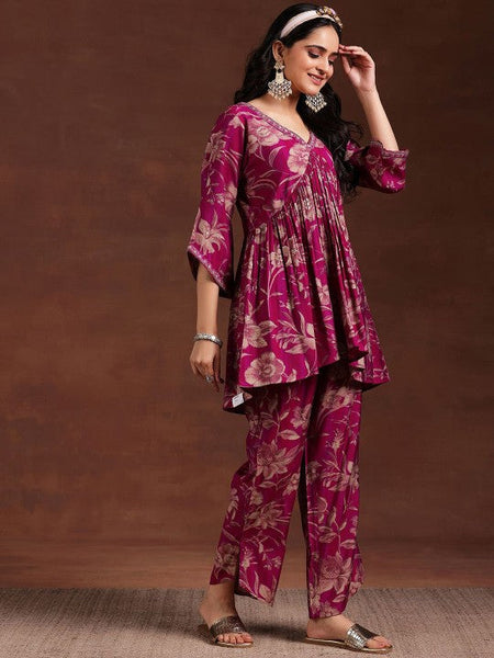 Women Indo Western Floral Printed Pleated Tunic & Palazzos Ethnic Co-Ords Set VitansEthnics