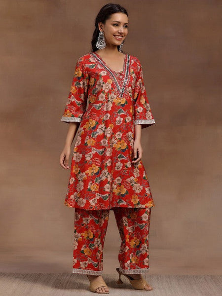 Women Indo Western Red Floral Printed Tunic & Palazzo Ethnic Co-Ords Set VitansEthnics