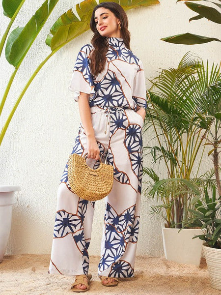 Women White Abstract Printed High Neck Top With Palazzos Co-ords Set VitansEthnics