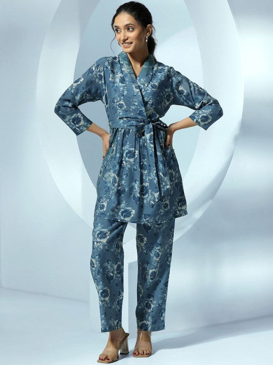 Women Indo Western Floral Printed Wrap Tunic With Trousers Ethnic Co-Ords Set VitansEthnics