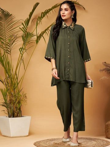Women Zari Embroidered Shirt Collar Tunic Top With Palazzos Co-Ords Set VitansEthnics