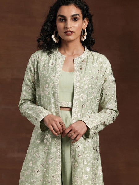 Women Indo Western Embroidered Crop Top with Palazzos & Long Shrug Co-Ords Set VitansEthnics