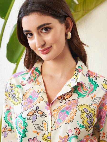 Women Off White Ethnic Motif Printed Pure Cotton Shirt with Trousers Co-ords Set VitansEthnics