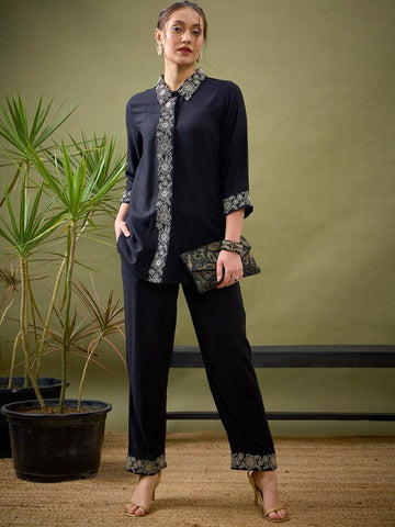 Women Black Embroidered Shirt With Palazzos Co-ords Set VitansEthnics