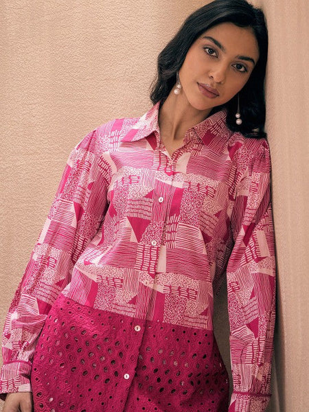 Women Abstract Printed Pure Cotton Schiffli Shirt With Trouser Co-ords Set VitansEthnics