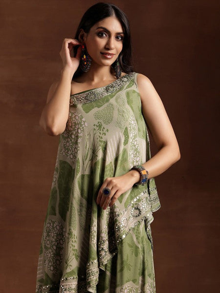 Women Indo Western Floral Printed One Shoulder Sleeveless Tunic & Palazzo With Slip Co-Ords Set VitansEthnics