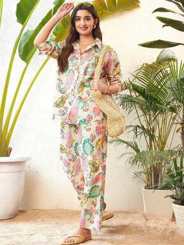 Women Off White Ethnic Motif Printed Pure Cotton Shirt with Trousers Co-ords Set VitansEthnics