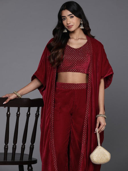 Women Indo Western Embroidered Crop Top with Palazzos & Shrug Co-Ords Set VitansEthnics