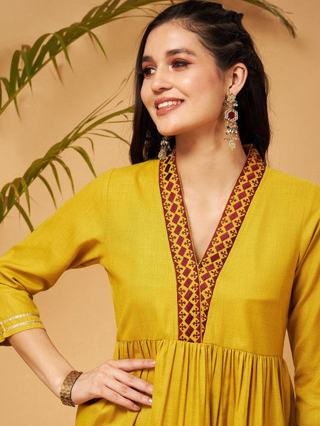 WomenMustard Yellow Empire Tunic With Trousers Co-Ord Set VitansEthnics