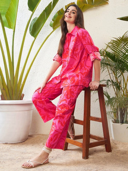Women Magenta Floral Printed Pure Cotton Shirt With Trousers Co-ords Set VitansEthnics