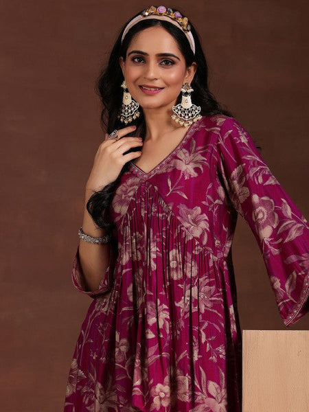 Women Indo Western Floral Printed Pleated Tunic & Palazzos Ethnic Co-Ords Set VitansEthnics