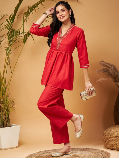 Women Red Embellished Gathered Tunic With Palazzos Co-Ord Set VitansEthnics