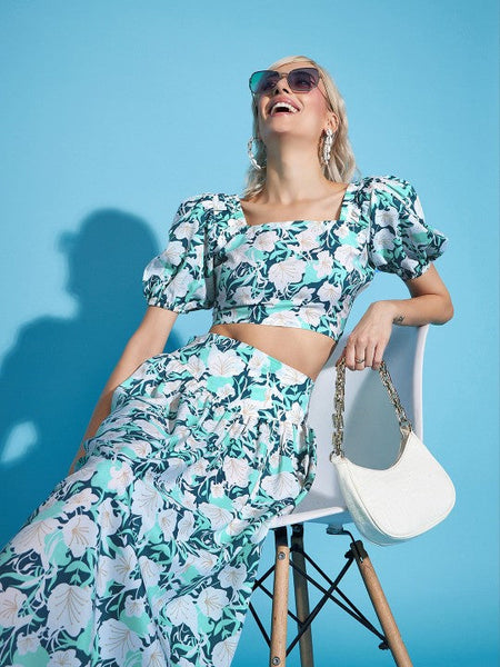Women White Floral Crop Top With Flared Skirt Co-ords Set VitansEthnics