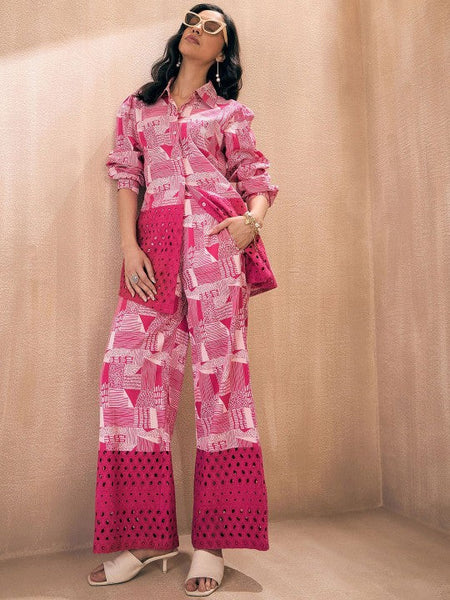 Women Abstract Printed Pure Cotton Schiffli Shirt With Trouser Co-ords Set VitansEthnics