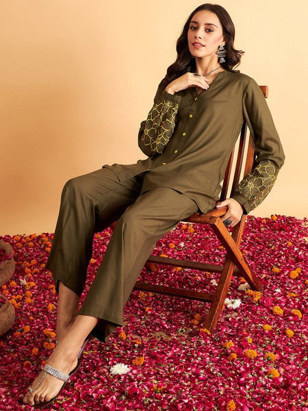 Women Embroidered Shirt-Collar Shirt With Trouser Co-Ords Set VitansEthnics