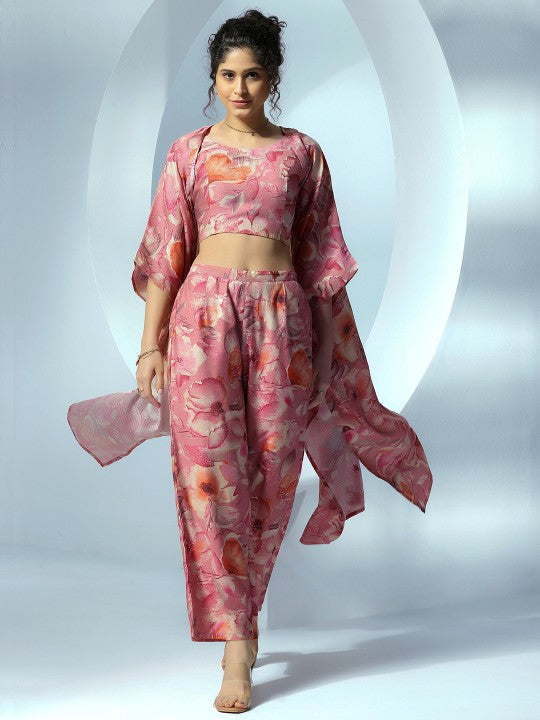 Women Indo Western Floral Printed Crop Top With Shrug & Palazzo Ethnic Co-Ords Set VitansEthnics