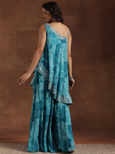 Women Indo Western Floral Printed One shoulder Neck Tunic With Flared Palazzos Co-Ords Set VitansEthnics