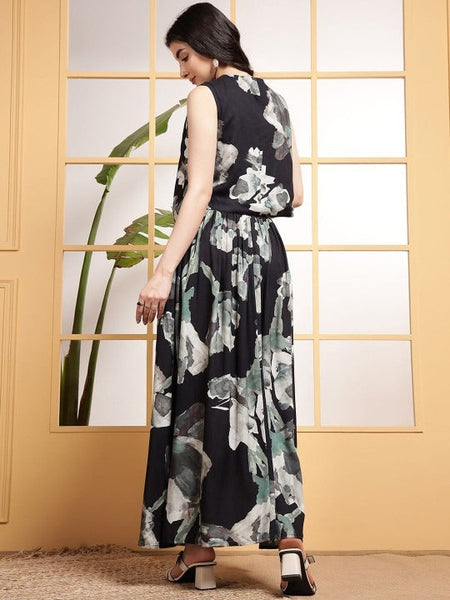 Women Indo Western Printed V Neck Waistcoat With Skirt Co-Ords Set VitansEthnics