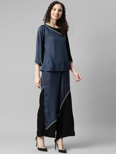 Women Colourblocked Round Neck Top With Trousers Co-Ords Set VitansEthnics