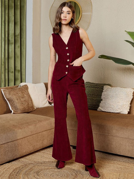 Maroon corduroy Waist Coat and Bell bottom Pants VitansEthnics