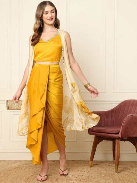 Women Printed Crop Top & Dhoti Pants With Shrug Co-Ords Set VitansEthnics