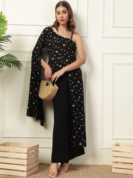 Women Indo Western Quirky Printed One Shoulder Neck Top With Trousers VitansEthnics