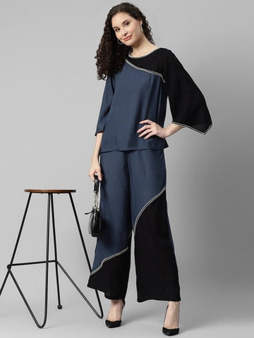 Women Colourblocked Round Neck Top With Trousers Co-Ords Set VitansEthnics