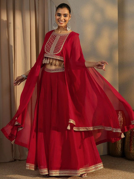 Women Red Embroidered Round Neck Top Shrug & Palazzos Co-Ords Set | Wedding Outfits VitansEthnics