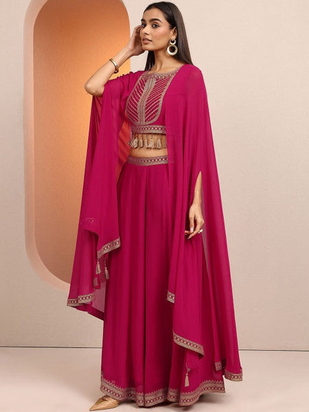 Women Embroidered Round Neck Top Shrug & Palazzos Co-Ords Set | Wedding Outfits VitansEthnics