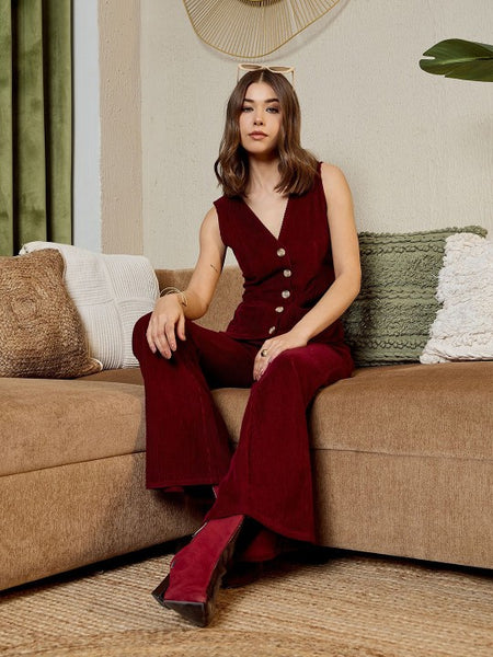 Maroon corduroy Waist Coat and Bell bottom Pants VitansEthnics