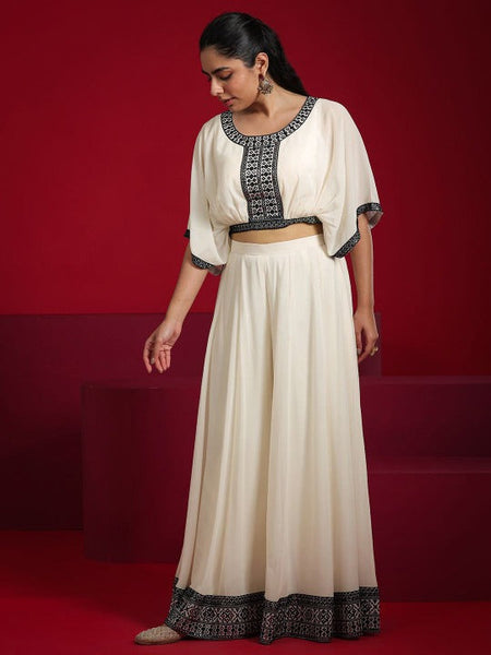 Women Embroidered Flared Sleeves Top With Palazzo & Dupatta | Wedding Outfits VitansEthnics