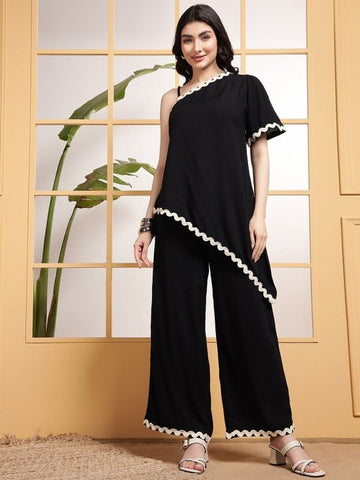 Women One Shoulder Asymmetric Tunic & Trousers Co-Ord Set VitansEthnics