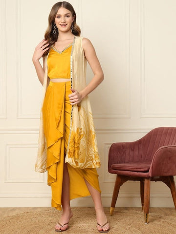 Women Printed Crop Top & Dhoti Pants With Shrug Co-Ords Set VitansEthnics
