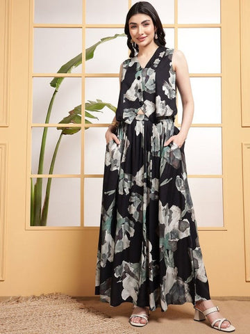 Women Indo Western Printed V Neck Waistcoat With Skirt Co-Ords Set VitansEthnics