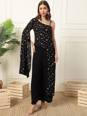 Women Indo Western Quirky Printed One Shoulder Neck Top With Trousers VitansEthnics