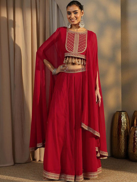 Women Red Embroidered Round Neck Top Shrug & Palazzos Co-Ords Set | Wedding Outfits VitansEthnics
