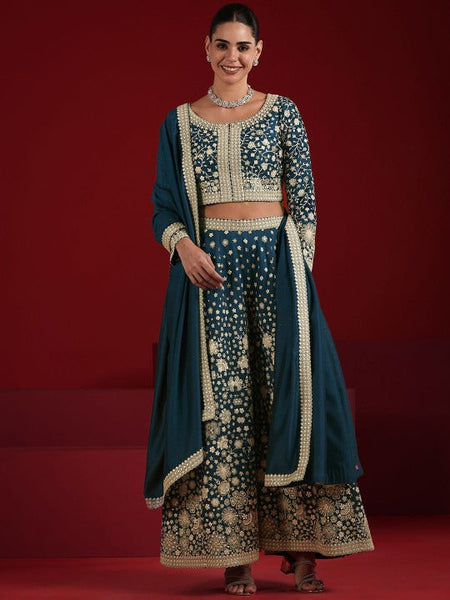 Women Full Embroidered Crop Top With Palazzos & Dupatta Set | Wedding Outfits VitansEthnics