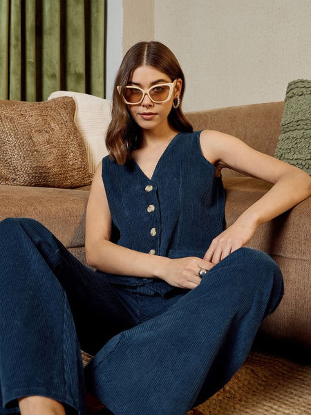 Blue corduroy Waist Coat and Bell bottom Pants VitansEthnics